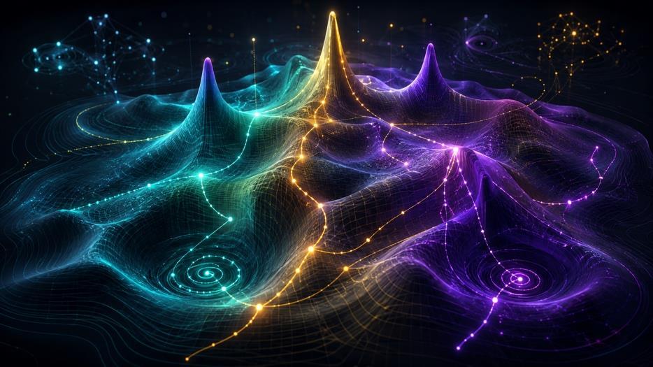 An abstract landscape of luminous peaks and interconnected paths in blue, gold, and violet.