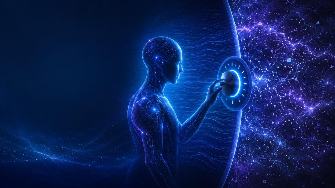An illuminated human-like agent adjusts a dial while a translucent barrier separates it from a field of disturbance.